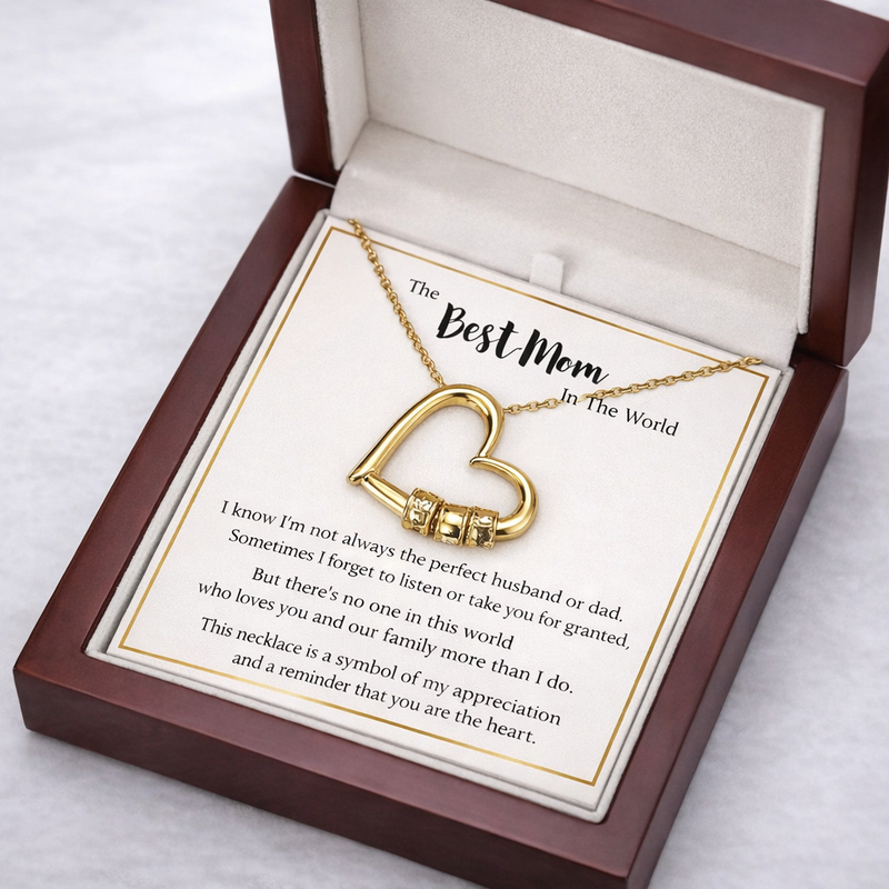 To My Mom — Personalized Name Bead Heart Necklace | Engraved Gift for Mother